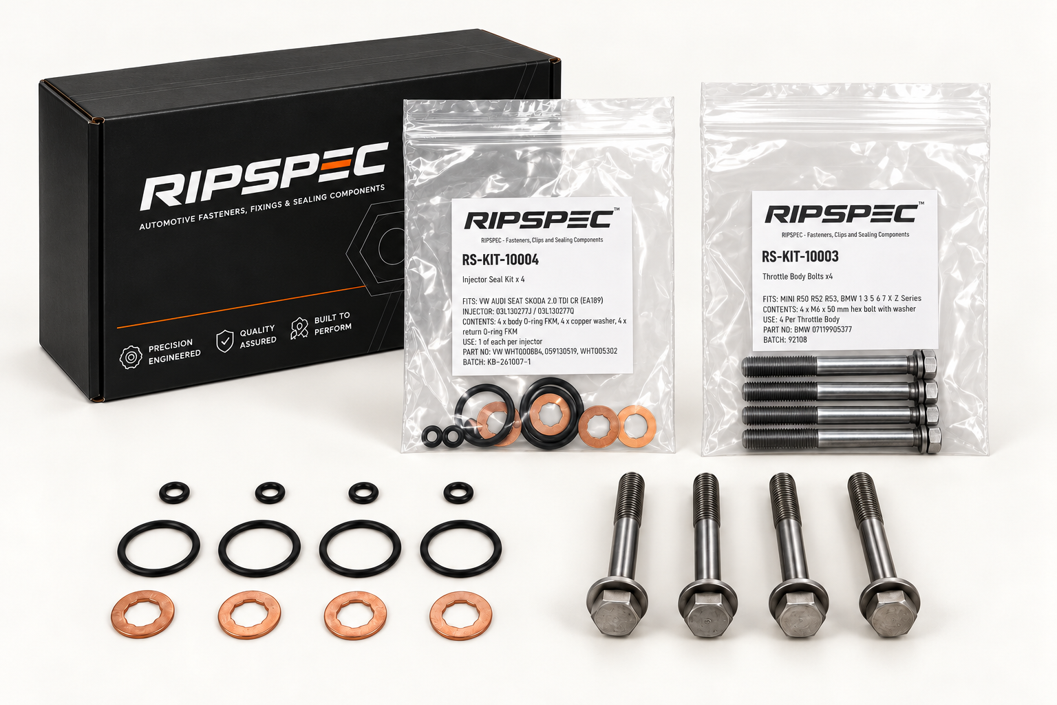 RIPSPEC box with RS-KIT-10004 injector seal kit and RS-KIT-10003 throttle body bolts