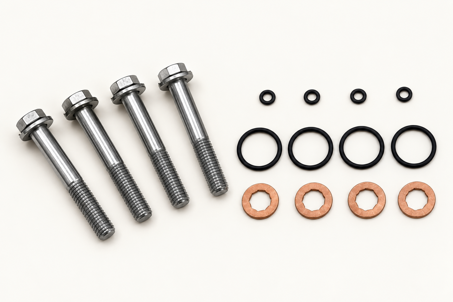 Hex flange bolts, O-rings and copper sealing washers